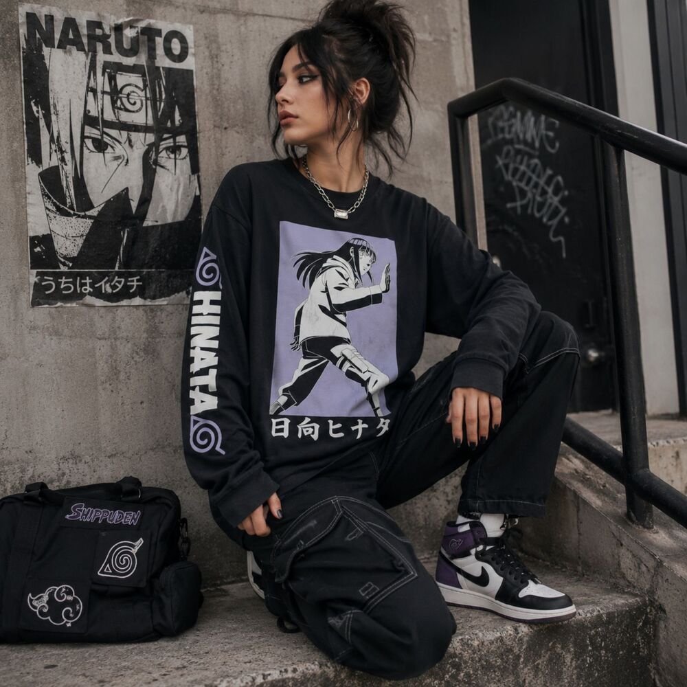 Naruto Shippuden Hinata Long Sleeve Tee Black Anime Graphic Size L